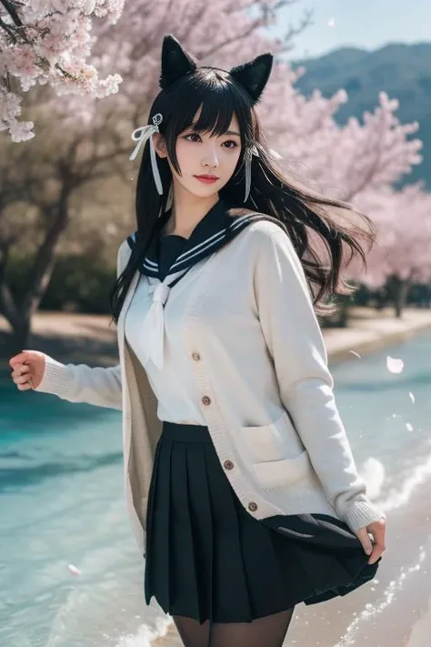 ultra-detailed,highly detailed,best quality,masterpiece,illustration,realistic,
atago, 1girl, solo, atago \(azur lane\), cosplay, mole under eye,
animal ears, very long hair,bangs, sidelocks, hair ribbon,
school uniform,cardigan, sailor collar, serafuku, long sleeves, pleated skirt, pantyhose,
outdoors, flower, day, blurry background, photo background, tree, wind,floating hair, falling petals,beach, sky,sea,waves, skyline,
<lora:atago_uni_v1_02:0.7>