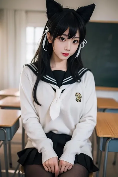 ultra-detailed,highly detailed,best quality,masterpiece,illustration,realistic,
1girl, solo, atago \(azur lane\), cosplay, mole under eye,
animal ears, very long hair,bangs, sidelocks, hair ribbon,
school uniform, sweater, sailor collar, serafuku, long sleeves, pleated skirt, pantyhose,
indoors, day,classroom, blurry background, photo background,
<lora:atago_uni_v1_02:0.7>