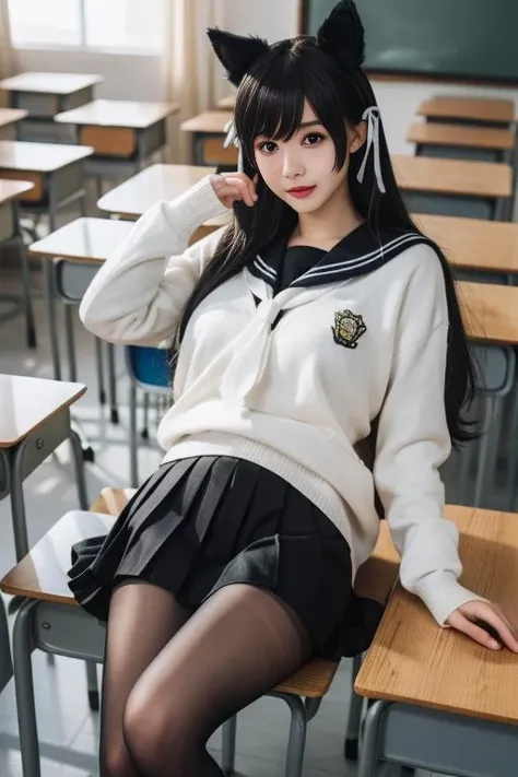 (best quality, super detailed, illustrations, masterpieces), curtains, tights, 1 girl, school uniform,