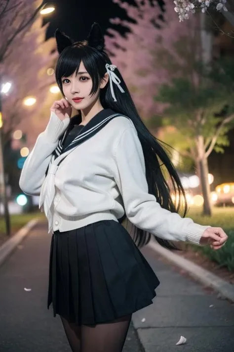 ultra-detailed,highly detailed,best quality,masterpiece,illustration,realistic,
atago, 1girl, solo, atago \(azur lane\), cosplay, mole under eye,
animal ears, very long hair,bangs, sidelocks, hair ribbon,
school uniform,cardigan, sailor collar, serafuku, long sleeves, pleated skirt, pantyhose,
outdoors, flower, night,city lights,dark, blurry background, photo background, tree, wind,floating hair, falling petals,
<lora:atago_uni_v1_04:0.9>