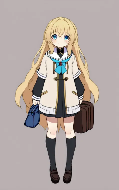 1girl, <lora:sdxl-gs-priestess:0.6> sdxl-gs-priestess, serafuku , black long sleeve, sweater , aqua bowtie , high socks, lowfers, school bag