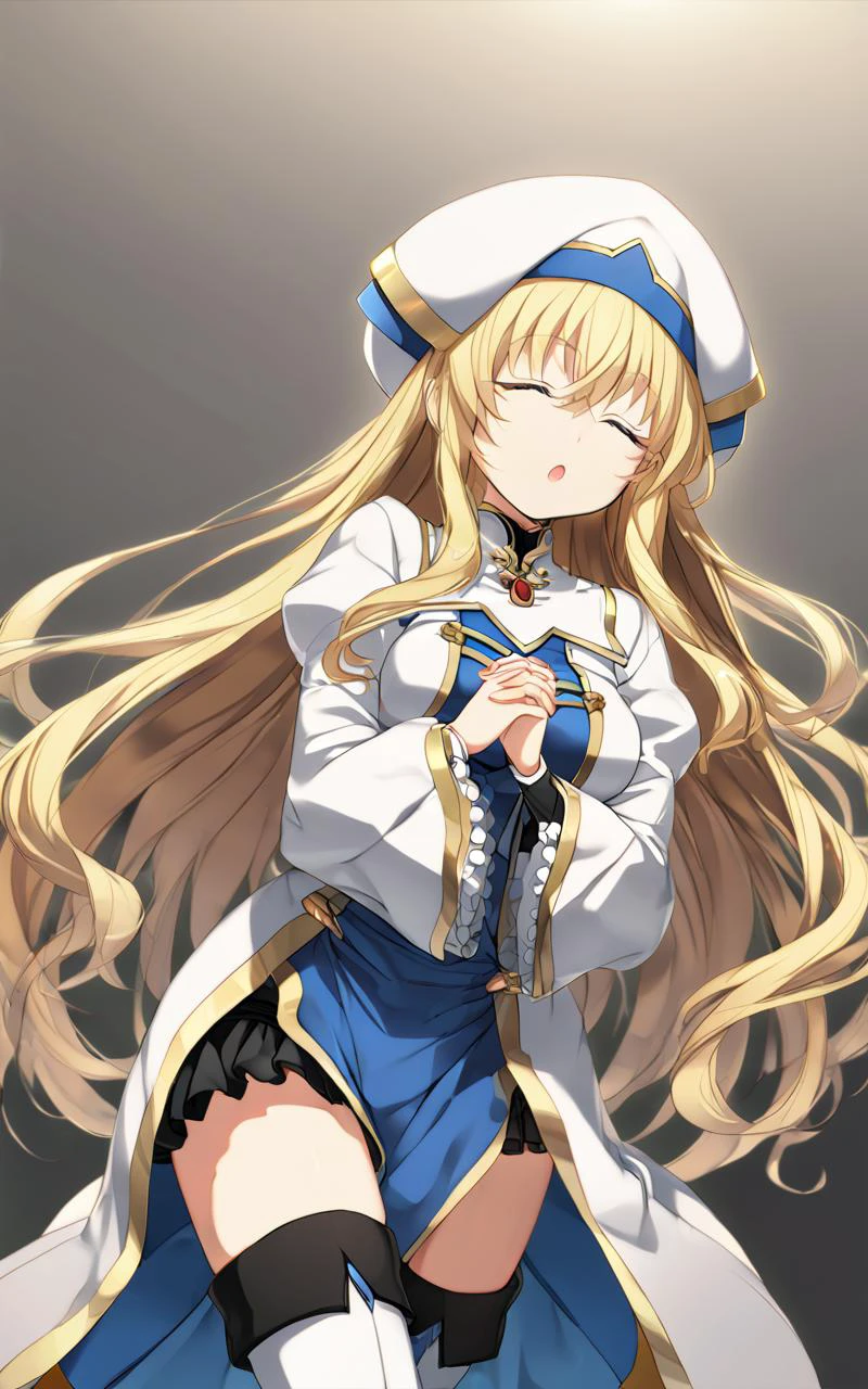 1girl, <lora:sdxl-gs-priestess:0.9> sdxl-gs-priestess, blonde hair, very long hair, sidelock, bang hair, between eyes, blue eyes, eyelashes, medium breasts, thigh skindantation +++ own hands together, closed eyes :o  +++ black underwear, white headwear, white long robe center blue mluticolor ware puffy sleeves long sleeves hime-sode frills, jewel, white thigh boots, holding staff, extremely quality extremely detailed, illustration, cute anime face