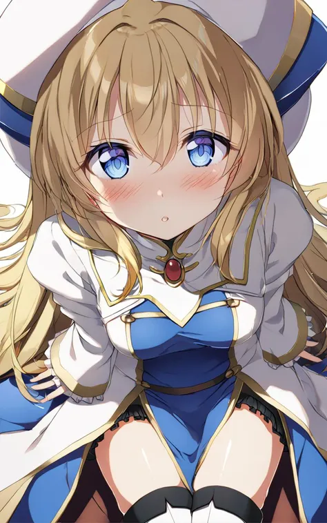 1girl, <lora:sdxl-gs-priestess:0.9> sdxl-gs-priestess, blonde hair, very long hair, sidelock, bang hair, between eyes, blue eyes, eyelashes, medium breasts, thigh skindantation +++ Blushing blush  +++ black underwear, white headwear, white long robe center blue mluticolor ware puffy sleeves long sleeves hime-sode frills, jewel, white thigh boots, holding staff, extremely quality extremely detailed, illustration, cute anime face