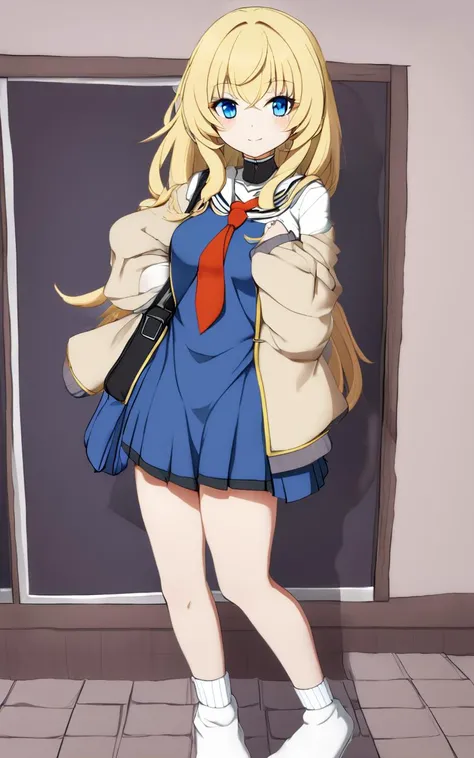 1girl, <lora:sdxl-gs-priestess:0.6> sdxl-gs-priestess, serafuku , navy long sleeve, sweater , multicolored necktie , slouch socks, lowfers, school bag