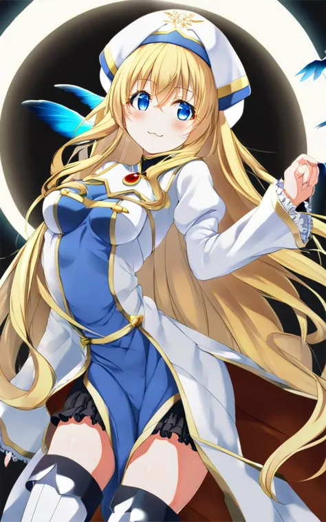 1girl, <lora:sdxl-gs-priestess:1> sdxl-gs-priestess, blonde hair, very long hair, sidelock, bang hair, between eyes, blue eyes, eyelashes, medium breasts, thigh skindantation +++ :3 blush +++ black underwear, white headwear, white long robe center blue mluticolor ware puffy sleeves long sleeves hime-sode frills, jewel, white thigh boots, holding staff, magical bird song, Fluorescent Light, extremely quality extremely detailed, illustration, cute anime face