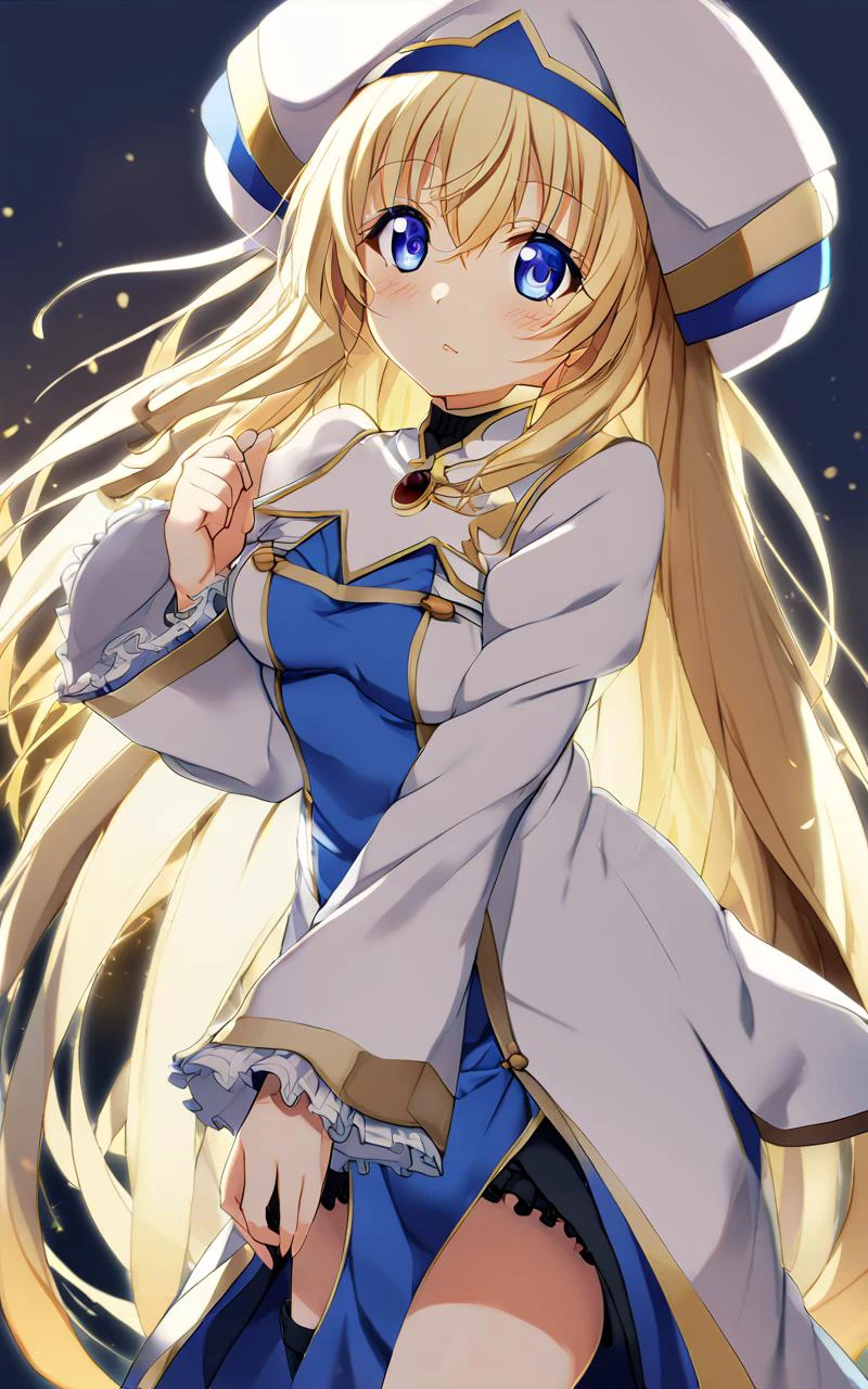 1girl, <lora:sdxl-gs-priestess:1> sdxl-gs-priestess, blonde hair, very long hair, sidelock, bang hair, between eyes, blue eyes, eyelashes, medium breasts, thigh skindantation +++ Overjoyed blush +++ black underwear, white headwear, white long robe center blue mluticolor ware puffy sleeves long sleeves hime-sode frills, jewel, white thigh boots, holding staff, magical crystal tree, Warm Light, extremely quality extremely detailed, illustration, cute anime face