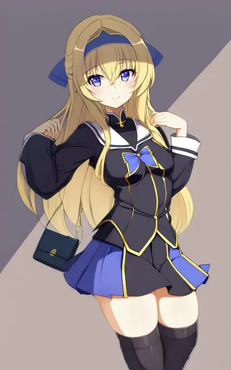 1girl, <lora:sdxl-gs-priestess:0.6> sdxl-gs-priestess, serafuku , black vest , purple bowtie , thighhighs, lowfers, school bag