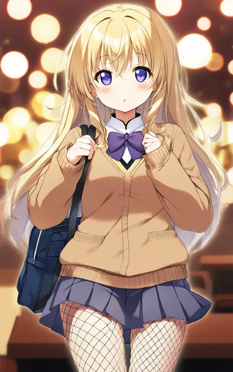 1girl,  <lora:sdxl-gs-priestess:0.6> sdxl-gs-priestess, school uniform , brown  long sleeve, sweater , purple bowtie , fishnet tights, lowfers, school bag, Bar bokeh, depth of field, extremely quality extremely detailed, illustration, cute anime face