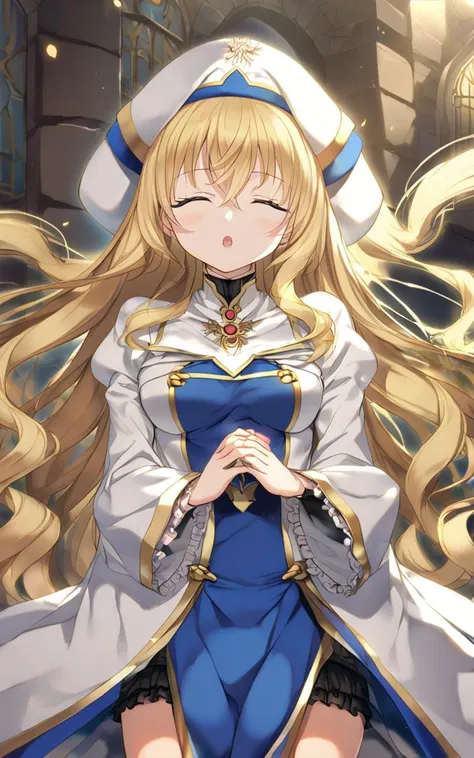1girl, <lora:sdxl-gs-priestess:1> sdxl-gs-priestess, blonde hair, very long hair, sidelock, bang hair, between eyes, blue eyes, eyelashes, medium breasts, thigh skindantation +++ own hands together, closed eyes :o +++ black underwear, white headwear, white long robe center blue mluticolor ware puffy sleeves long sleeves hime-sode frills, jewel, white thigh boots, holding staff, celestial mirror, Cool Light, extremely quality extremely detailed, illustration, cute anime face