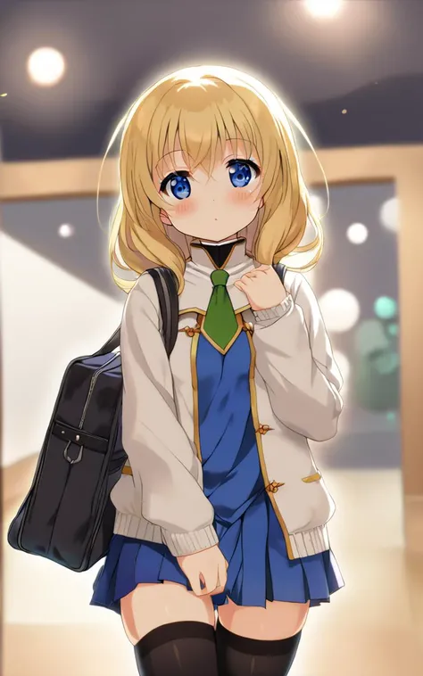 1girl, <lora:sdxl-gs-priestess:0.6> sdxl-gs-priestess, school uniform , white long sleeve, sweater , green necktie , thighhighs, lowfers, school bag, Art Gallery bokeh, depth of field, extremely quality extremely detailed, illustration, cute anime face
