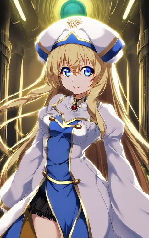 1girl, <lora:sdxl-gs-priestess:1> sdxl-gs-priestess, blonde hair, very long hair, sidelock, bang hair, between eyes, blue eyes, eyelashes, medium breasts, thigh skindantation +++ ;p +++ black underwear, white headwear, white long robe center blue mluticolor ware puffy sleeves long sleeves hime-sode frills, jewel, white thigh boots, holding staff, Subterranean Temple, Fluorescent Light, extremely quality extremely detailed, illustration, cute anime face