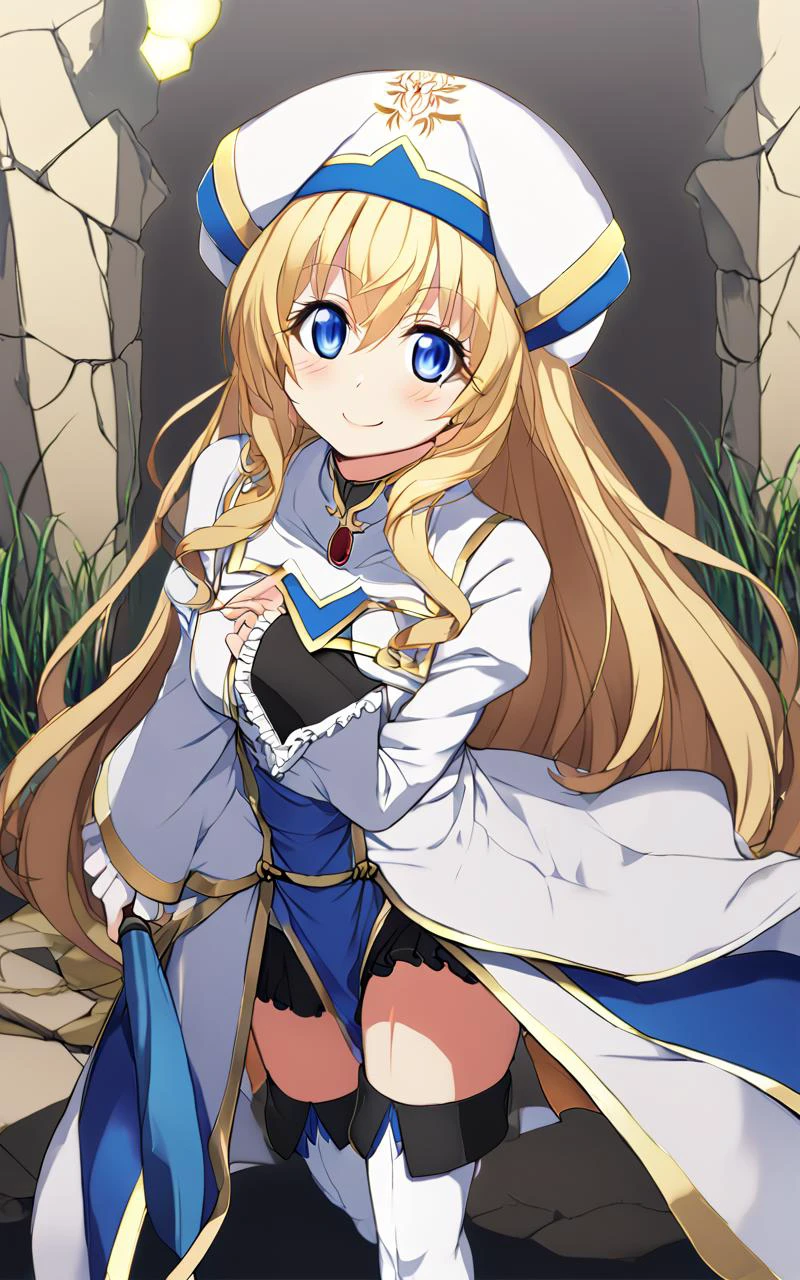 1girl, <lora:sdxl-gs-priestess:1> sdxl-gs-priestess, blonde hair, very long hair, sidelock, bang hair, between eyes, blue eyes, eyelashes, medium breasts, thigh skindantation +++ kind smile blush +++ black underwear, white headwear, white long robe center blue mluticolor ware puffy sleeves long sleeves hime-sode frills, jewel, white thigh boots, holding staff, Subterranean Ruins, Halogen Light, extremely quality extremely detailed, illustration, cute anime face