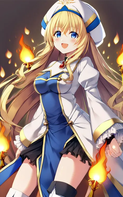1girl, <lora:sdxl-gs-priestess:1> sdxl-gs-priestess, blonde hair, very long hair, sidelock, bang hair, between eyes, blue eyes, eyelashes, medium breasts, thigh skindantation +++ :D blush +++ black underwear, white headwear, white long robe center blue mluticolor ware puffy sleeves long sleeves hime-sode frills, jewel, white thigh boots, holding staff, eternal flame, Incandescent Light, extremely quality extremely detailed, illustration, cute anime face