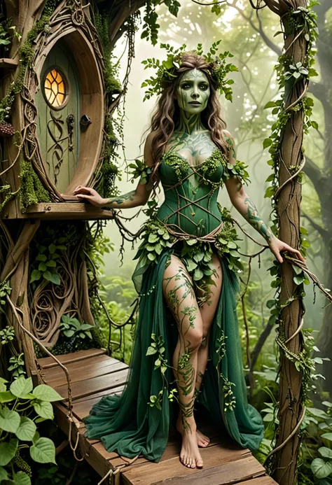 (medium full shot) of (radiant dryad) forest spirit, adorned in forest green bark dress , barefoot, nature-themed face paint, carrying a forest satchel, set in a mystical lake, with glowing water, ethereal mist, mysterious creatures, an air of enchantment, at dawn, ,Masterpiece,best quality, photo, realistic, very aesthetic, detailed face,