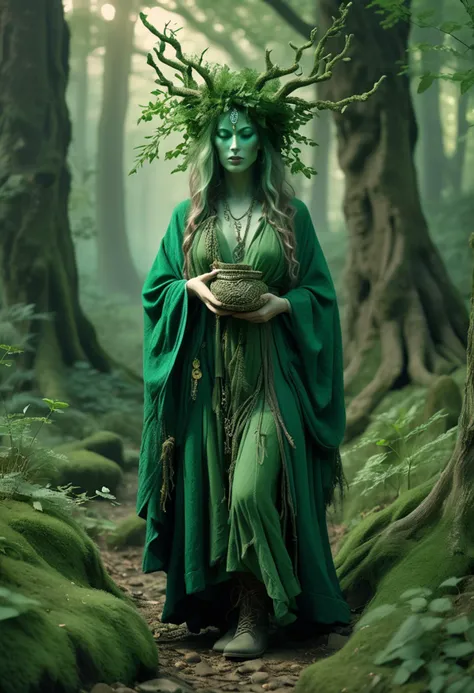 (medium full shot) of (radiant dryad) forest spirit, adorned in emerald green flowing woodland robe , woven boots, green eyeshadow, carrying a herbal pouch, set in  an ancient clearing, with weathered stones, ancient trees encircling, a sense of history, quiet stillness, at dawn, ,Masterpiece,best quality, raw photo, realistic, very aesthetic