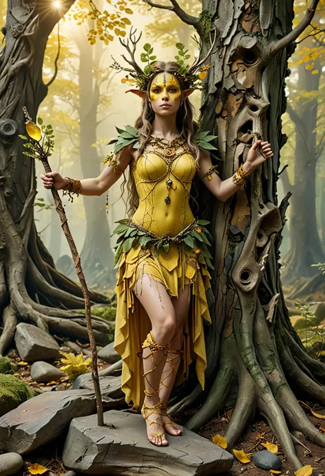 (medium full shot) of (graceful dryad) forest spirit, adorned in sunrise yellow gemstone nature dress , bark shoes, nature-themed face paint, wielding a mystical staff, set in  an ancient clearing, with weathered stones, ancient trees encircling, a sense of history, quiet stillness, at dawn, ,Masterpiece,best quality, photo, realistic, very aesthetic, detailed face,