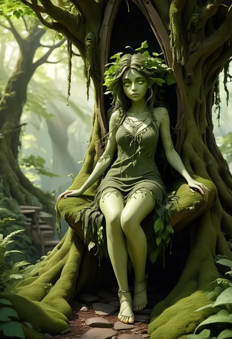 (medium full shot) of (radiant dryad) forest spirit, adorned in moss green leaf dress , embroidered forest flats, green eyeshadow, carrying a forest satchel, set in  a serene treehouse, with soft furnishings, peaceful surroundings, a gentle breeze, the sound of leaves rustling , at dawn, ,Masterpiece,best quality, raw photo, realistic, very aesthetic, dark