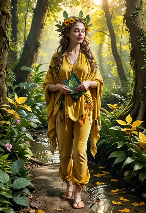 (medium full shot) of (enchanting dryad) forest spirit, adorned in sunrise yellow wrapped forest shawl, velvet woodland pants, leaf sandals, flower petal lipstick, carrying a herbal pouch, set in  a vibrant grove, with colorful plants, the sound of flowing water, the hum of insects, warm sunlight, during twilight, ,Masterpiece,best quality, photo, realistic, very aesthetic, detailed face,