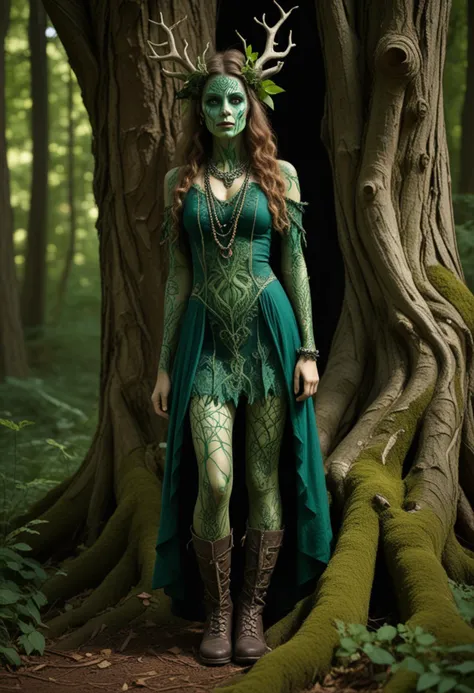 (medium full shot) of (otherworldly dryad) forest spirit, adorned in emerald green embroidered forest dress , woven boots, nature-themed face paint, gemstone necklace, set in  an ancient grove, with twisted trees, deep shadows, the scent of earth, a sense of age and mystery, Masterpiece,best quality, photo, realistic, very aesthetic, detailed face,