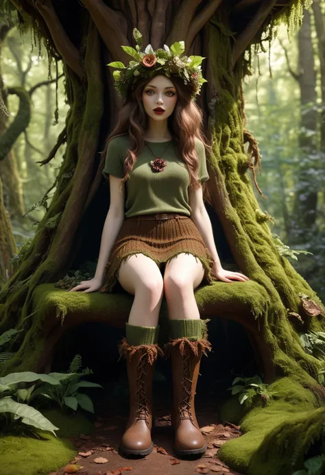 (medium full shot) of (radiant dryad) forest spirit, adorned in bark brown knitted nature shirt, moss skirt, knitted boots, flower petal lipstick, flower crown, set in  a serene treehouse, with soft furnishings, peaceful surroundings, a gentle breeze, the sound of leaves rustling , ,Masterpiece,best quality, raw photo, realistic, very aesthetic, dark