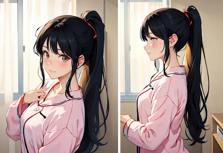 beautiful , sweet face, embarrassed, adult, Long Black hair with ponytail, just getting out of bed in pajama saying good morning.