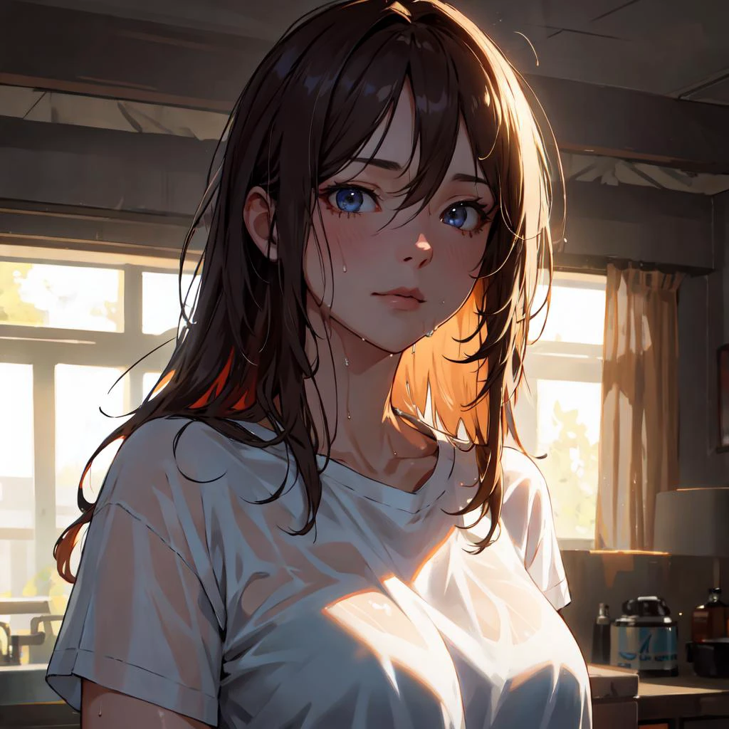 A girl, only wearing a white t-shirt, messy hair, long hair, the shirt is wet so it is partially see through, she has wet hair.
(Masterpiece, Hypermaximalist, Maximalism, Best Quality, 8k, Highres, Absurdres, 4k, High Quality, Ultra High Res, Highest Quality, Ultra Detailed, 8k Uhd, Realistic, Highly Detailed, Ultra-Detailed:1.0),
(Cinematic Lighting, Hdr, Raw Photo, Sharp Focus, Photorealistic, Realistic:1.0),
