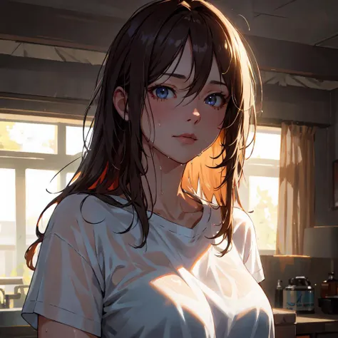 A girl, only wearing a white t-shirt, messy hair, long hair, the shirt is wet so it is partially see through, she has wet hair.
(Masterpiece, Hypermaximalist, Maximalism, Best Quality, 8k, Highres, Absurdres, 4k, High Quality, Ultra High Res, Highest Quality, Ultra Detailed, 8k Uhd, Realistic, Highly Detailed, Ultra-Detailed:1.0),
(Cinematic Lighting, Hdr, Raw Photo, Sharp Focus, Photorealistic, Realistic:1.0),