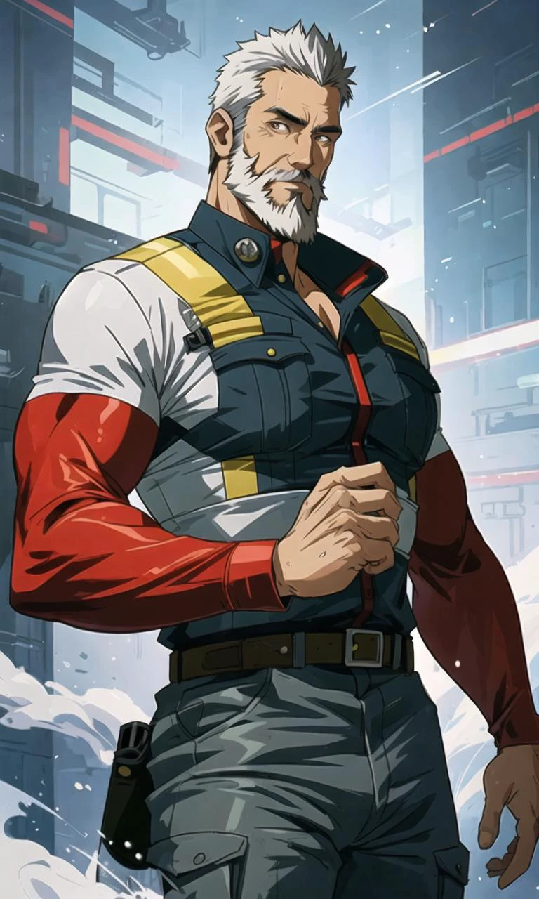 Digital illustration of a stunning mature male firefighter with a futuristic twist,muscular, short beard,by Hayao Miyasaki, with a smooth and polished finish