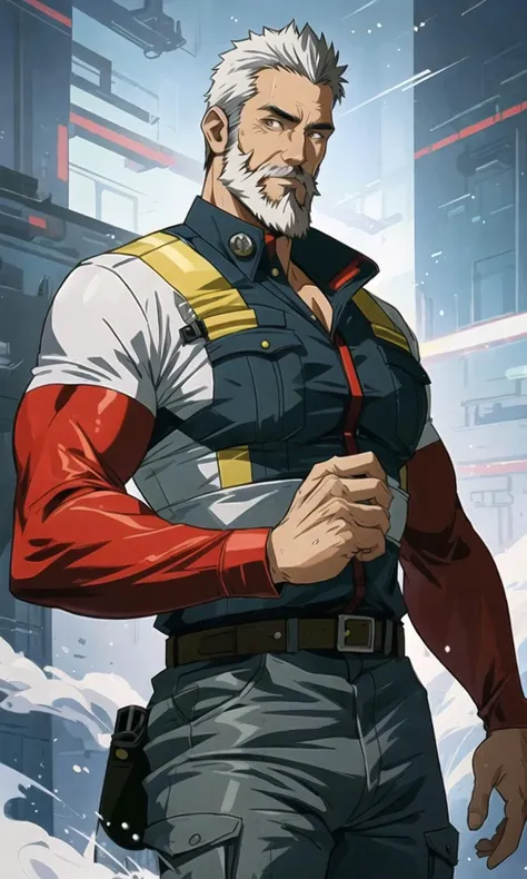 Digital illustration of a stunning mature male firefighter with a futuristic twist,muscular, short beard,by Hayao Miyasaki, with a smooth and polished finish