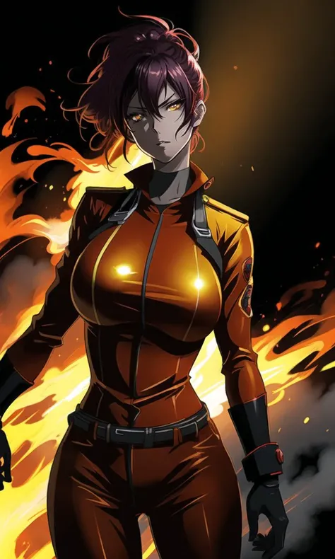 Concept art of a sexy firefighter woman,anime style,by ÔKUBO Atsushi,dark and moody background with glowing flames,sharp focus,high detail,thin lineart