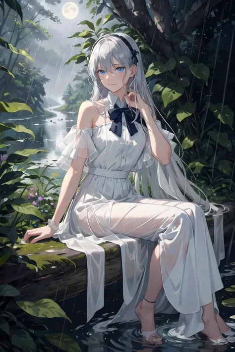 (masterpiece, best quality),1girl with long white hair sitting in a forest of plants and flowers,her hand under her chin,The Silver Moonlight,white dress,rain night,
((masterpiece)), expressionless, (((best quality))), ((illustration)), 1girl,((solo)), (detailed face), (beautiful detailed eyes), light eyes, blue eyes, ((disheveled hair)), silver hair, full body, smile, blank stare, sitting, ((looking to the side)), bow tie hair band, white transparent long skirt, noble, mysterious, bright background, in forest, nature,Moonlight through the leaves, butterfly, river,  <lora:epiNoiseoffset_v2Pynoise:1.5>