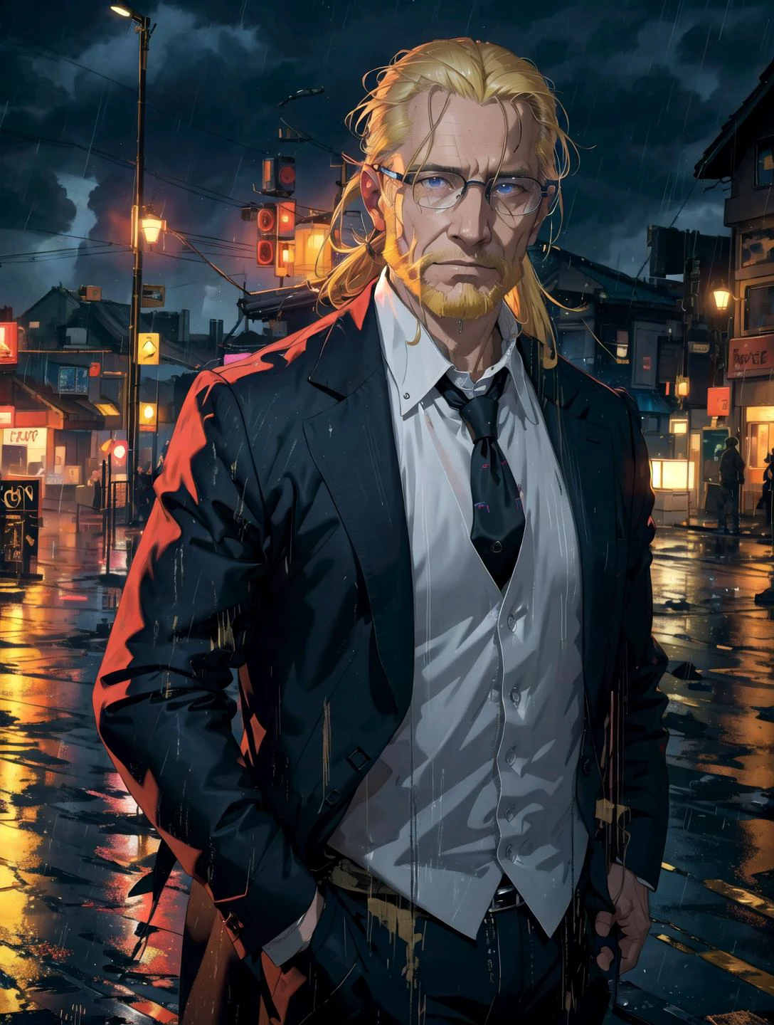 man,vanhohenheim, Blond middle-aged man,black suit,glasses, (with a ponytail:0.8),<lora:vanHohenheimFullmetal_v10:1> ,
Best quality, masterpiece, ultra high res, (photorealistic:1.4), raw photo, photorealistic,(Masterpiece), (Best Quality), fantasy, extremely detailed, intricate, hyper detailed, illustration, highres, cinematic lighting, dramatic angle,
75 years old man,rain night,on the bridge,public,neon lights, night,(raining,heavily clouded, wet body:1.3),neon city,cyberpunk Street,
