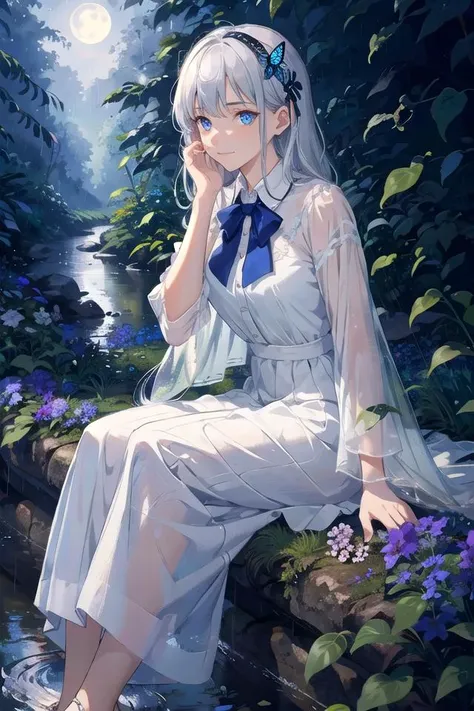 (masterpiece, best quality),1girl with long white hair sitting in a forest of plants and flowers,her hand under her chin,The Silver Moonlight,white dress,rain night,
((masterpiece)), expressionless, (((best quality))), ((illustration)), 1girl,((solo)), (detailed face), (beautiful detailed eyes), light eyes, blue eyes, ((disheveled hair)), silver hair, full body, smile, blank stare, sitting, ((looking to the side)), bow tie hair band, white transparent long skirt, noble, mysterious, bright background, in forest, nature,Moonlight through the leaves, butterfly, river, <lora:theovercomer8sContrastFix_sd15:1.5>