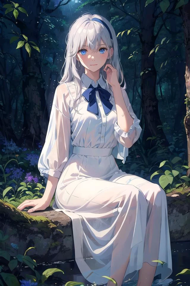 (masterpiece, best quality),1girl with long white hair sitting in a forest of plants and flowers,her hand under her chin,The Silver Moonlight,white dress,rain night,
((masterpiece)), expressionless, (((best quality))), ((illustration)), 1girl,((solo)), (detailed face), (beautiful detailed eyes), light eyes, blue eyes, ((disheveled hair)), silver hair, full body, smile, blank stare, sitting, ((looking to the side)), bow tie hair band, white transparent long skirt, noble, mysterious, bright background, in forest, nature,Moonlight through the leaves, butterfly, river, <lora:theovercomer8sContrastFix_sd15:1.5>