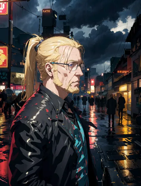 man,vanhohenheim, Blond middle-aged man,black suit,glasses, (with a ponytail:0.8),<lora:vanHohenheimFullmetal_v10:1> ,
Best quality, masterpiece, ultra high res, (photorealistic:1.4), raw photo, photorealistic,(Masterpiece), (Best Quality), fantasy, extremely detailed, intricate, hyper detailed, illustration, highres, cinematic lighting, dramatic angle,
75 years old man,rain night,on the bridge,public,neon lights, night,(raining,heavily clouded, wet body:1.3),neon city,cyberpunk Street,