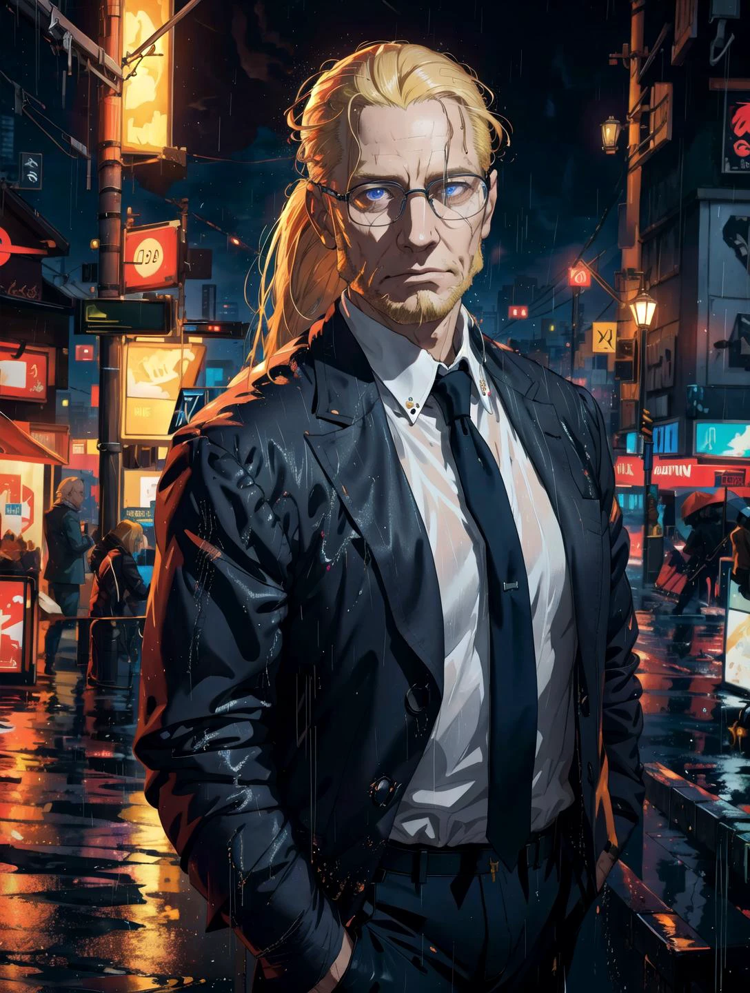 man,vanhohenheim, Blond middle-aged man,black suit,glasses, (with a ponytail:0.8),<lora:vanHohenheimFullmetal_v10:1> ,
Best quality, masterpiece, ultra high res, (photorealistic:1.4), raw photo, photorealistic,(Masterpiece), (Best Quality), fantasy, extremely detailed, intricate, hyper detailed, illustration, highres, cinematic lighting, dramatic angle,
75 years old man,rain night,on the bridge,public,neon lights, night,(raining,heavily clouded, wet body:1.3),neon city,cyberpunk Street,