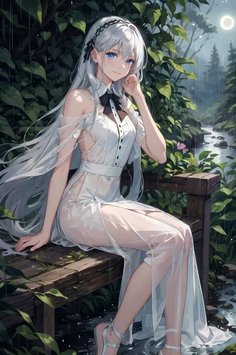 (masterpiece, best quality),1girl with long white hair sitting in a forest of plants and flowers,her hand under her chin,The Silver Moonlight,white dress,rain night,
((masterpiece)), expressionless, (((best quality))), ((illustration)), 1girl,((solo)), (detailed face), (beautiful detailed eyes), light eyes, blue eyes, ((disheveled hair)), silver hair, full body, smile, blank stare, sitting, ((looking to the side)), bow tie hair band, white transparent long skirt, noble, mysterious, bright background, in forest, nature,Moonlight through the leaves, butterfly, river,  <lora:epiNoiseoffset_v2Pynoise:1.5>