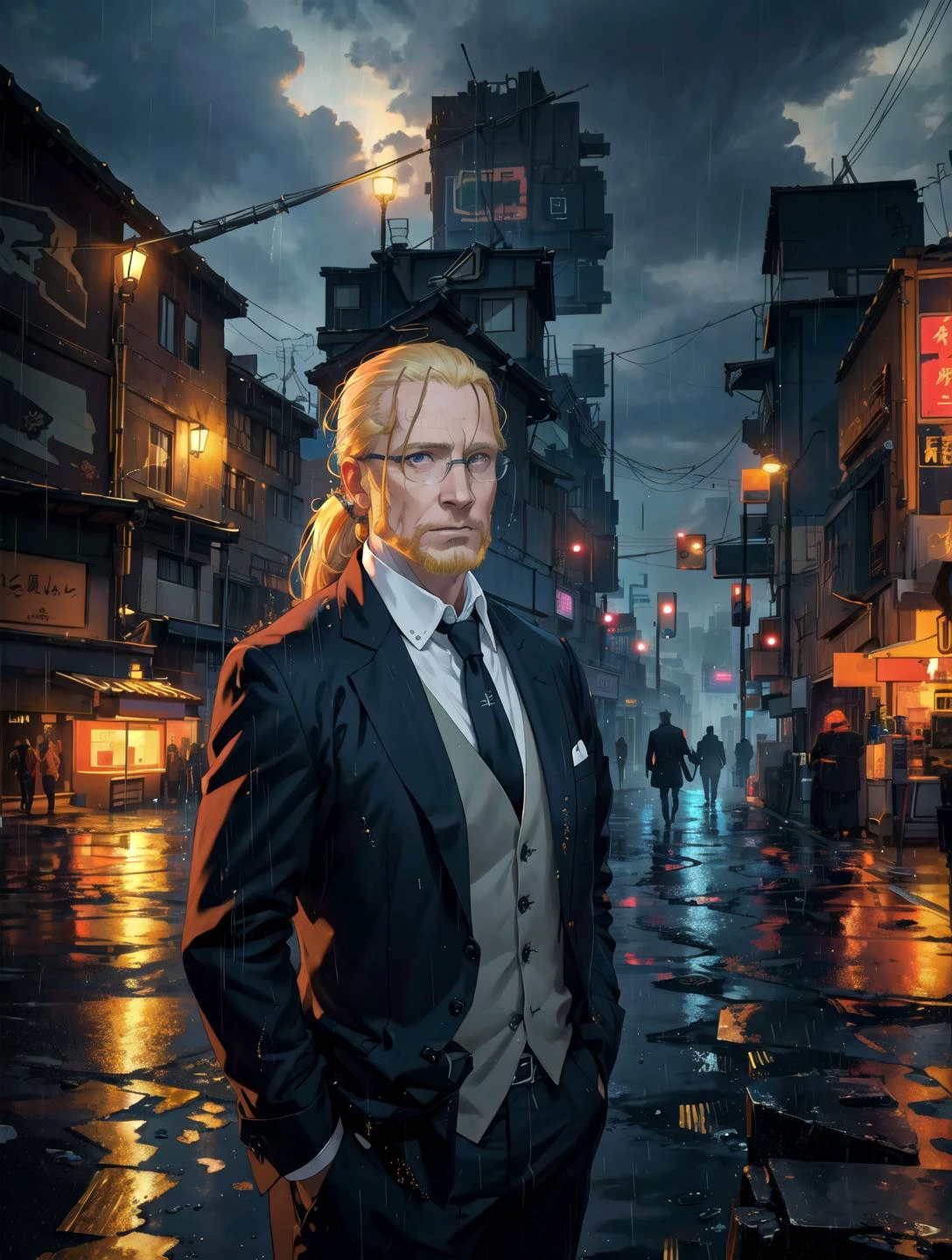 man,vanhohenheim, Blond middle-aged man,black suit,glasses, (with a ponytail:0.8),<lora:vanHohenheimFullmetal_v10:1> ,
Best quality, masterpiece, ultra high res, (photorealistic:1.4), raw photo, photorealistic,(Masterpiece), (Best Quality), fantasy, extremely detailed, intricate, hyper detailed, illustration, highres, cinematic lighting, dramatic angle,
75 years old man,rain night,on the bridge,public,neon lights, night,(raining,heavily clouded, wet body:1.3),neon city,cyberpunk Street,