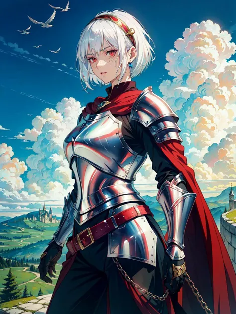 ((medieval fantasy)), castle wall top background, merlons, blue sky, clouds, forest, mountains in the distance, (adult), female knight standing on a castle wall, (white hair), short hair, (bob cut), ((beautiful face)), red eyes, strong, freckles, lot of details, perfect hands, detailed, refined, best quality, (intense shadows), (intense lighting),extreme detailed background, high detailed clothing, (detailed:1.1), ((anime style)), ((masterpiece)), ((plate armor)), gauntlets, pauldrons, belt, plate leggings, chainmail, hairband, cloak