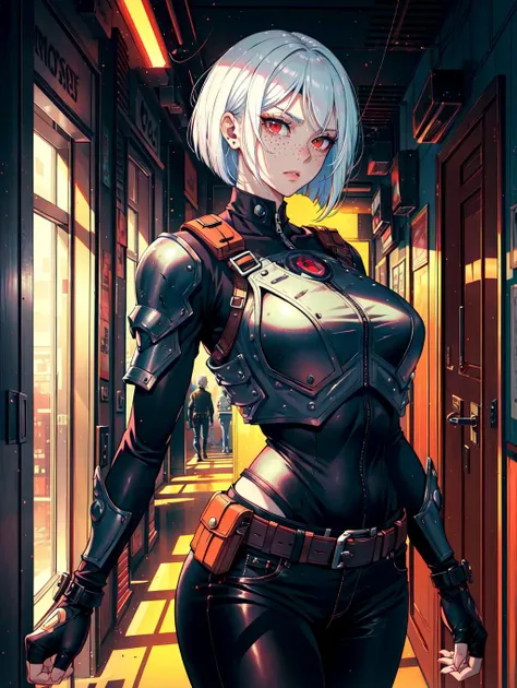 cyberpunk, corridor background, windows, doors, table, 1woman, (adult), female mercenary walking through corridor, (white hair), short hair, (bob cut), ((beautiful face)), red eyes, strong, freckles, lot of details, perfect hands, detailed, refined, best quality, (intense shadows), (intense lighting),extreme detailed background, high detailed clothing, (detailed:1.1), ((anime style)), ((masterpiece)), armor, ((bulletproof vest)), fingerless gloves, belt, tight pants