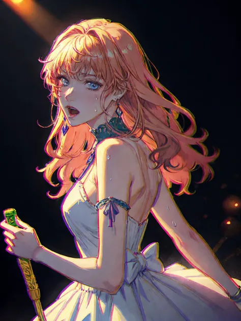 absurdres, higres, ultra detailed, raytracing, 8k,  official wallpaper,  sharp focus,
solo, from side, cowboy shot,
<lora:macrossfrontier_nome-08:1> sheryl nome, looking at viewer,  singing, dress, earrings,  sweat, space, holding microphone,
cinematic lighting, ultra detailed eyes, depth of field, HDR, 
<lora:chromatic_aberration_narrow_v10:1>