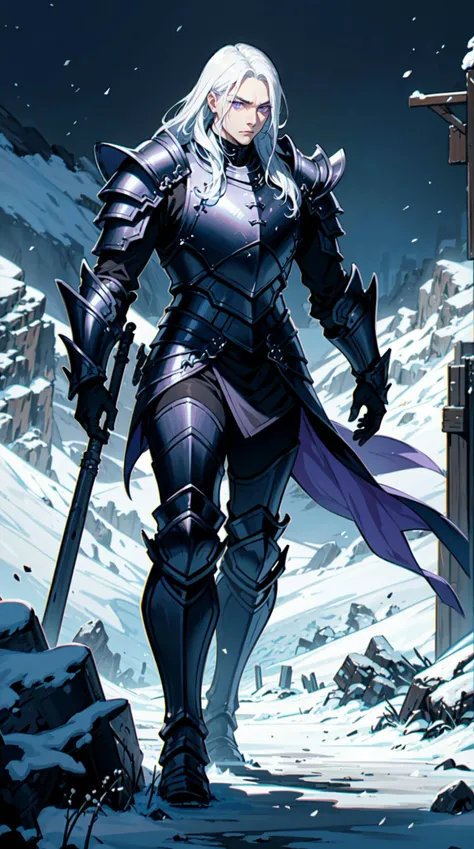 grown men, square face, heavy armor, black setup, mountains, front view, black armor, white hair, long hair, purple eyes