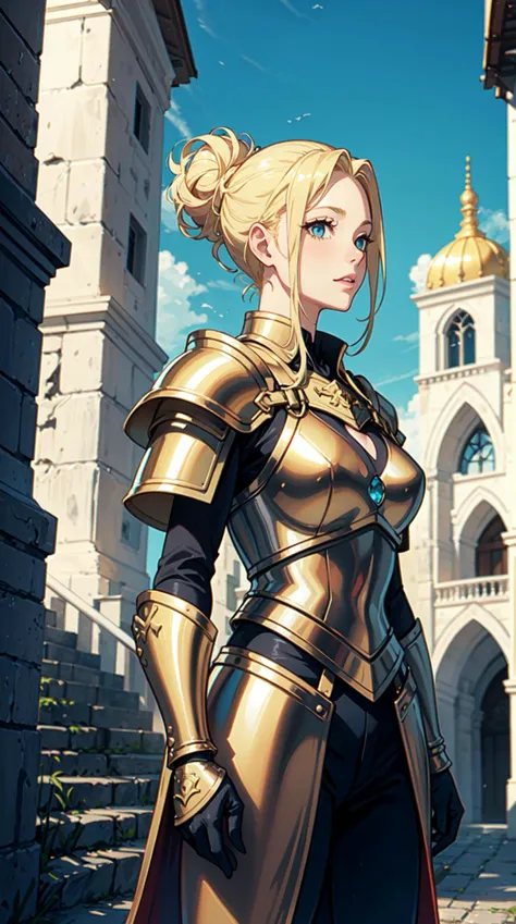 1girl, medieval armor, citadel, medieval city, white buildings, front view, golden armor, blonde, hair up,