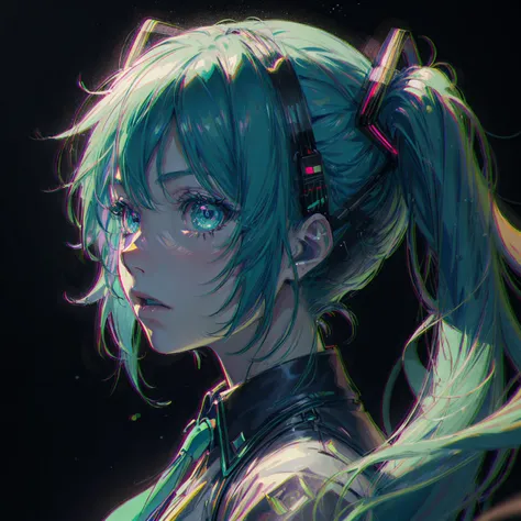 absurdres, higres, ultra detailed, raytracing, 8k,  official wallpaper,  sharp focus, 
portrait, from side,
hatsune miku, looking at viewer,  spoken exclamation mark, 
cinematic lighting, ultra detailed eyes, depth of field, 
 <lora:chromatic_aberration_narrow_v10:1>