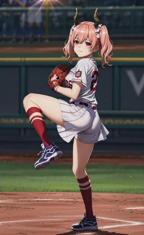 masterpiece, best quality, exquisite visuals, high-definition, high-definition, young female, beautiful fingers, beautiful long legs, beautiful body, beautiful character design,
solo, short twintails,hair between eyes,pink hair,medium hair,demon horns,dark red hair ribbon,pointy ears,purple eyes,
baseball jersey,
outdoors, full body, baseball field, pitcher's mound,
<lora:LinieV1:0.7>,lineye,
<lora:detail_slider_v4:2>,
<lora:more_details:0.2>,
<lora:add_detail:0.2>,
<lora:GoodHands-vanilla:1>,
<lora:Throwing Baseball:0.7>, Throwing Baseball,