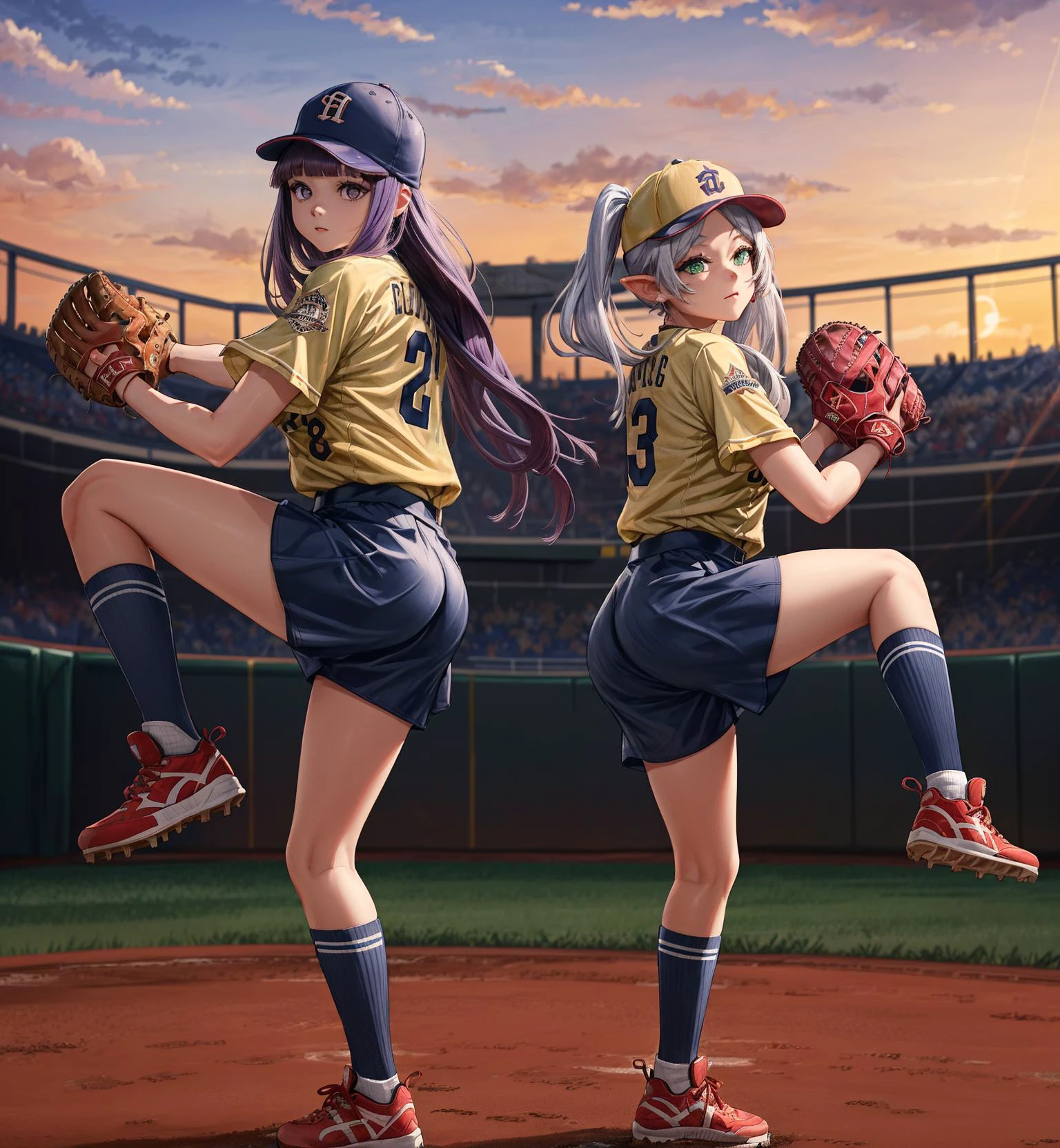 masterpiece, best quality, exquisite visuals, high-definition, high-definition, young female, beautiful fingers, beautiful long legs, beautiful body, beautiful character design,
baseball jersey, (baseball hat:1.2), (sports socks:1.2), (sunset:1.2),
outdoors, full body, baseball field, pitcher's mound, from below,
long hair, white hair, green eyes, (parted bangs:1.2), twintails, pointy ears, earrings, thick eyebrows,
<lora:frieren_v1:0.7>, aafrie,
long hair, purple hair, sidelocks, purple eyes, blunt bangs,
<lora:fern_(sousou_no_frieren)_v1:0.7>, aafern,
<lora:detail_slider_v4:1>,
<lora:more_details:0.2>,
<lora:add_detail:0.2>,
<lora:GoodHands-vanilla:1>,
<lora:Throwing Baseball:0.7>, Throwing Baseball,