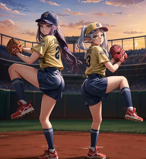 masterpiece, best quality, exquisite visuals, high-definition, high-definition, young female, beautiful fingers, beautiful long legs, beautiful body, beautiful character design,
baseball jersey, (baseball  hat:1.2), (sports socks:1.2), (sunset:1.2), 
outdoors, full body, baseball field, pitcher's mound, from below,
long hair, white hair, green eyes, (parted bangs:1.2), twintails, pointy ears, earrings, thick eyebrows,
<lora:frieren_v1:0.7>, aafrie,
long hair, purple hair, sidelocks, purple eyes, blunt bangs,
<lora:fern_(sousou_no_frieren)_v1:0.7>, aafern, 
<lora:detail_slider_v4:1>,
<lora:more_details:0.2>,
<lora:add_detail:0.2>,
<lora:GoodHands-vanilla:1>,
<lora:Throwing Baseball:0.7>, Throwing Baseball,