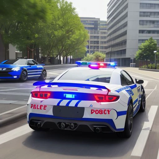 A police sports car drives fast along the road along the sidewalk with red and blue warning lights shining into the camera. Very realistic.
A police car is driving behind another car. Sidewalk on the background.