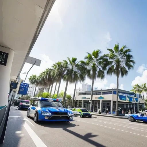 Chasing a police sports car after an ordinary car. A police car follows a regular, 2 cars. Palm trees, along city streets, bus station, glare, day, flat city road