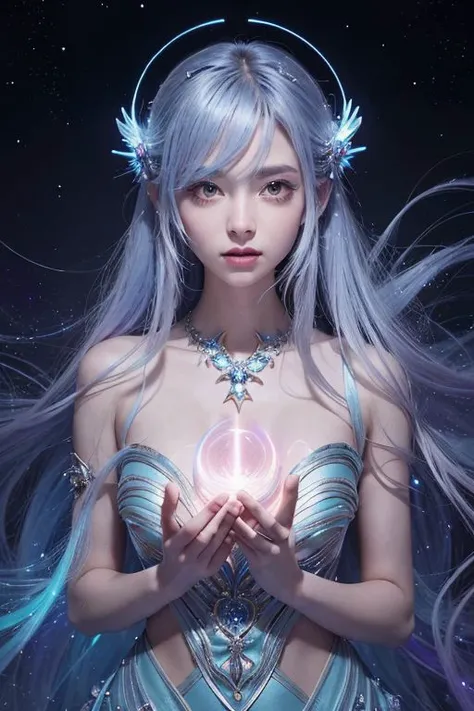 Create a captivating and vibrant anime character named Starlight, a celestial being with a unique and mesmerizing appearance. Starlight should possess ethereal beauty, a cosmic aura, and radiate an otherworldly charm. Their attire should be an intricate blend of cosmic elements, featuring shimmering, iridescent fabrics that reflect the colors of the universe. Pay meticulous attention to the character's facial expressions and posture, ensuring they exude an enchanting and graceful demeanor. Render Starlight in high-resolution, hyperrealistic detail, emphasizing the interplay of light and color in their design. The character should evoke a sense of wonder and fascination, embodying the essence of cosmic elegance and grace. This artwork should be a visual masterpiece that captivates the viewer and celebrates the allure of the celestial.